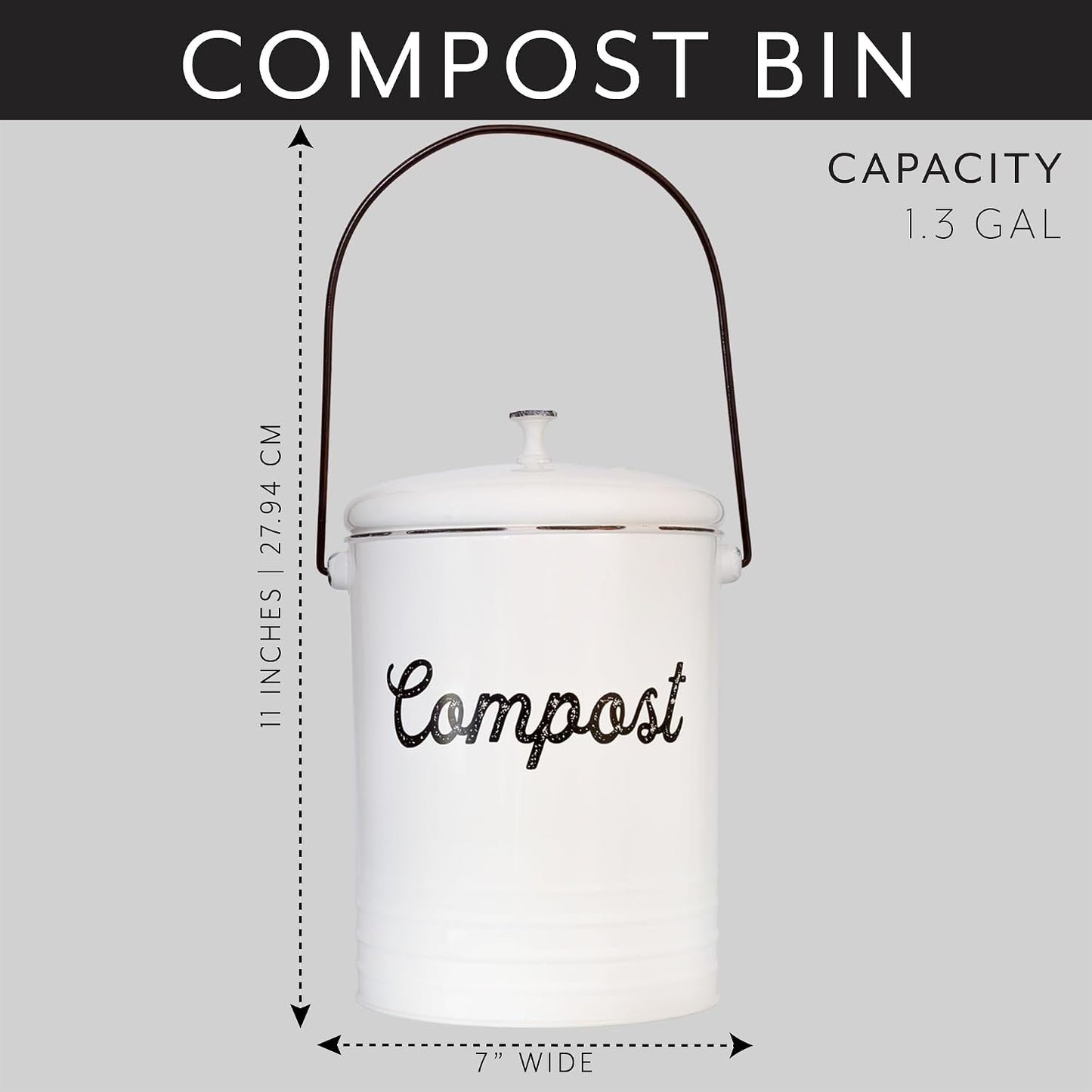 Cubo compostaje esmaltado blanco 1.3gal con tapa y filtros
