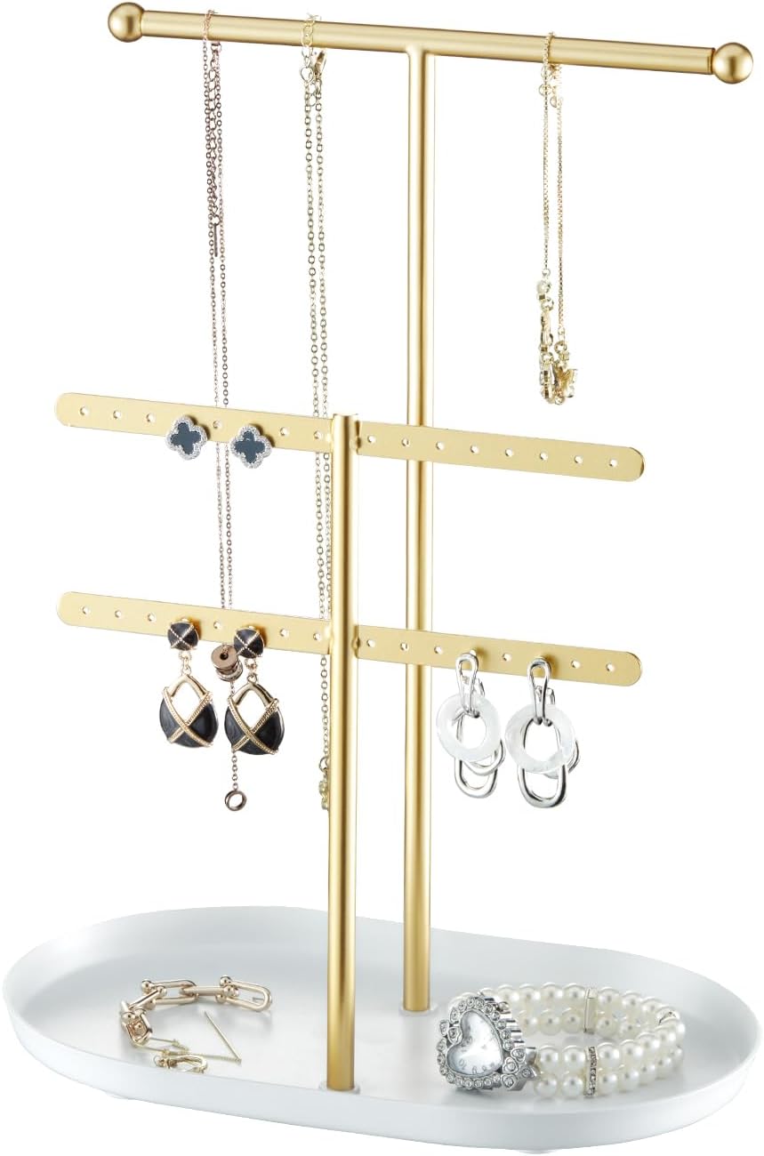Organiz. joyas 2 niveles soporte exhibicion blanco dorado