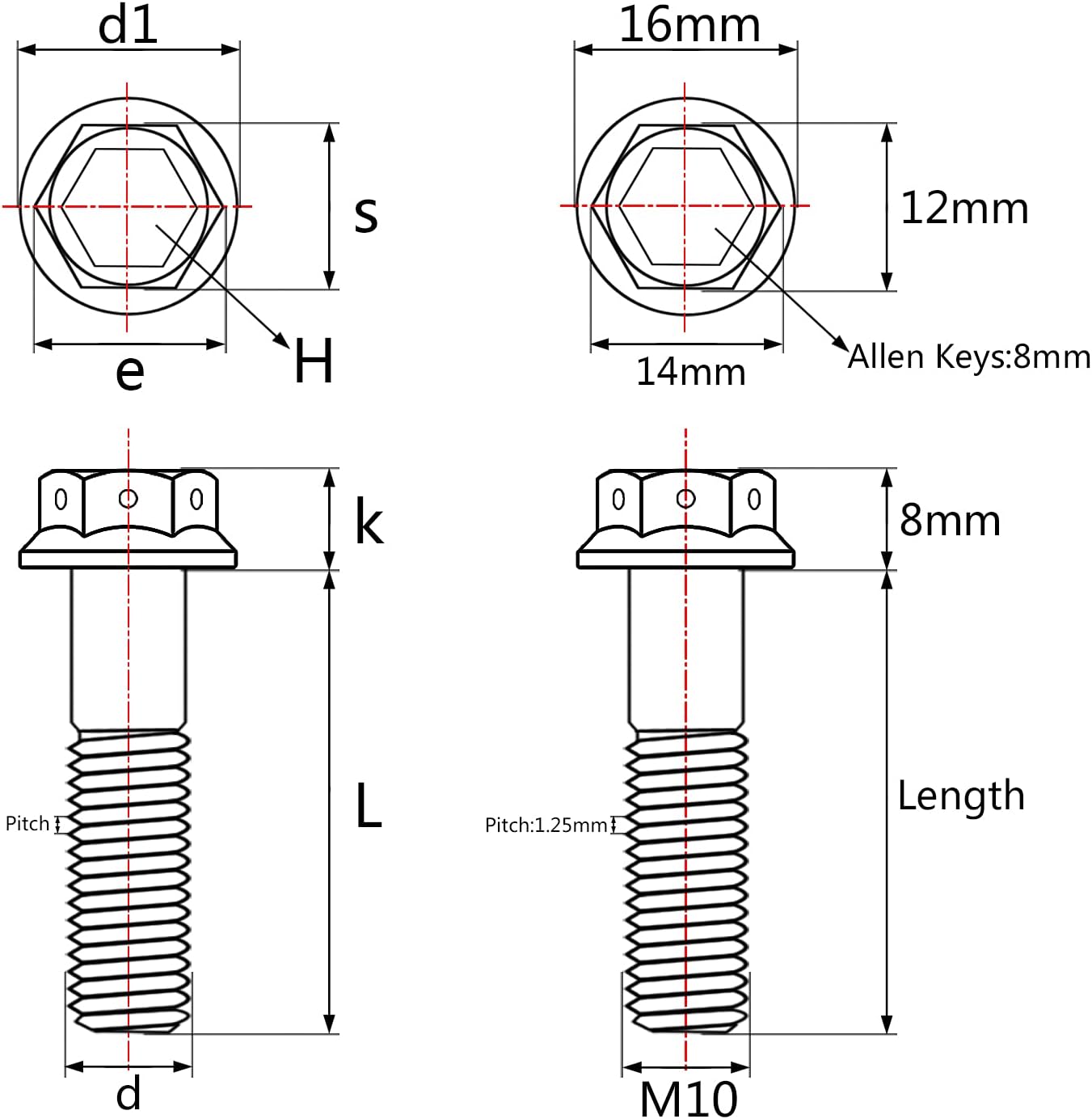 Tornillos brida titanio M10x3.15pulg paso 0.049pulg dorado 4 pzas
