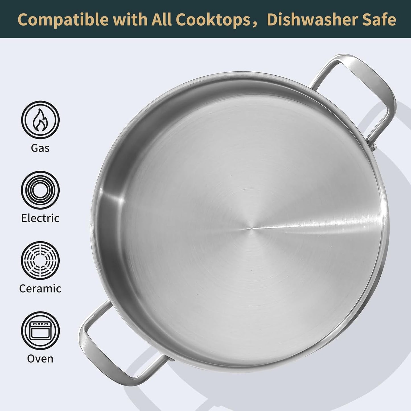 Sartén acero inox 13pulg 8qt con tapa calentamiento uniforme
