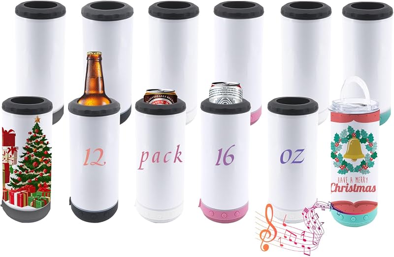 12 Vasos Blanco con Altavoz Bluetooth 16oz Acero Inox