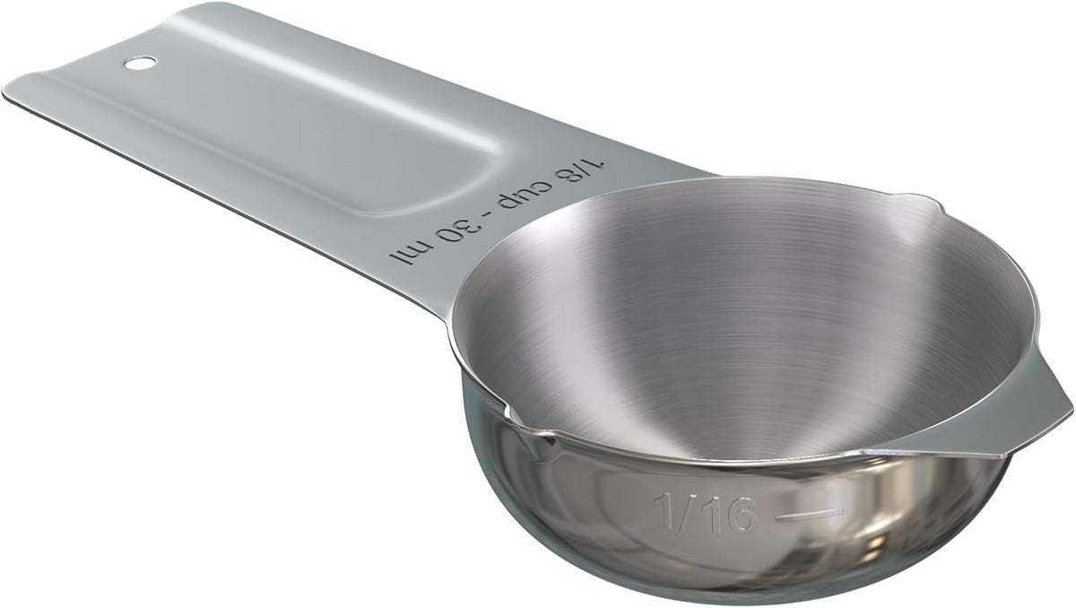Taza medidora acero inox cromado 30ml con canaletas
