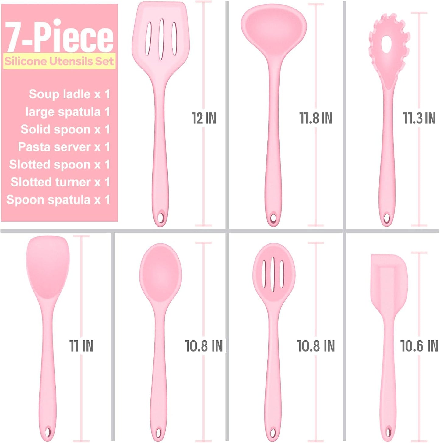 Set 7 Pzas Utensilios Silicona Rosa Antiadherente Cocina