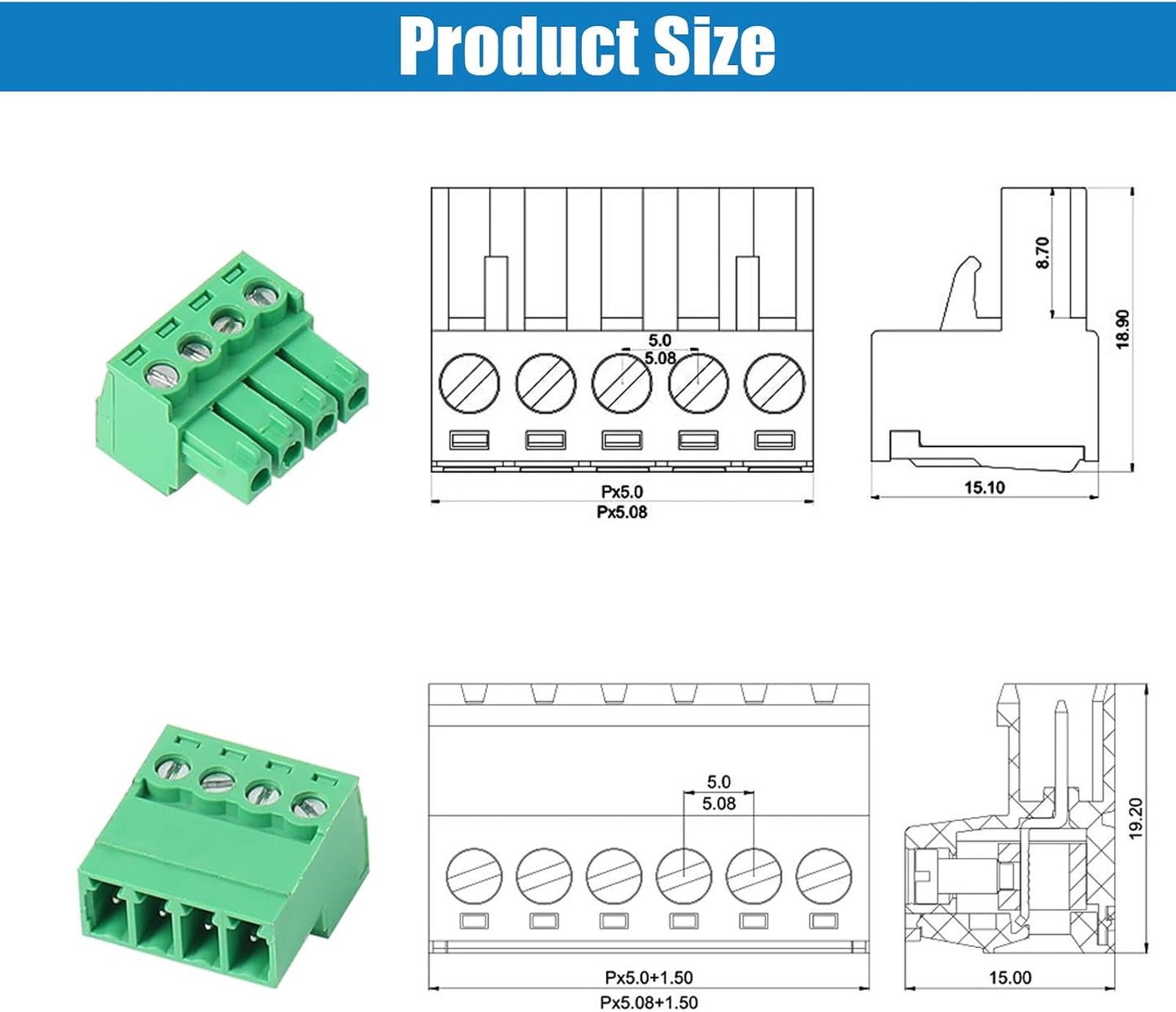 Juego 5 conectores PCB 4 pines 0.200pulg enchufe Phoenix