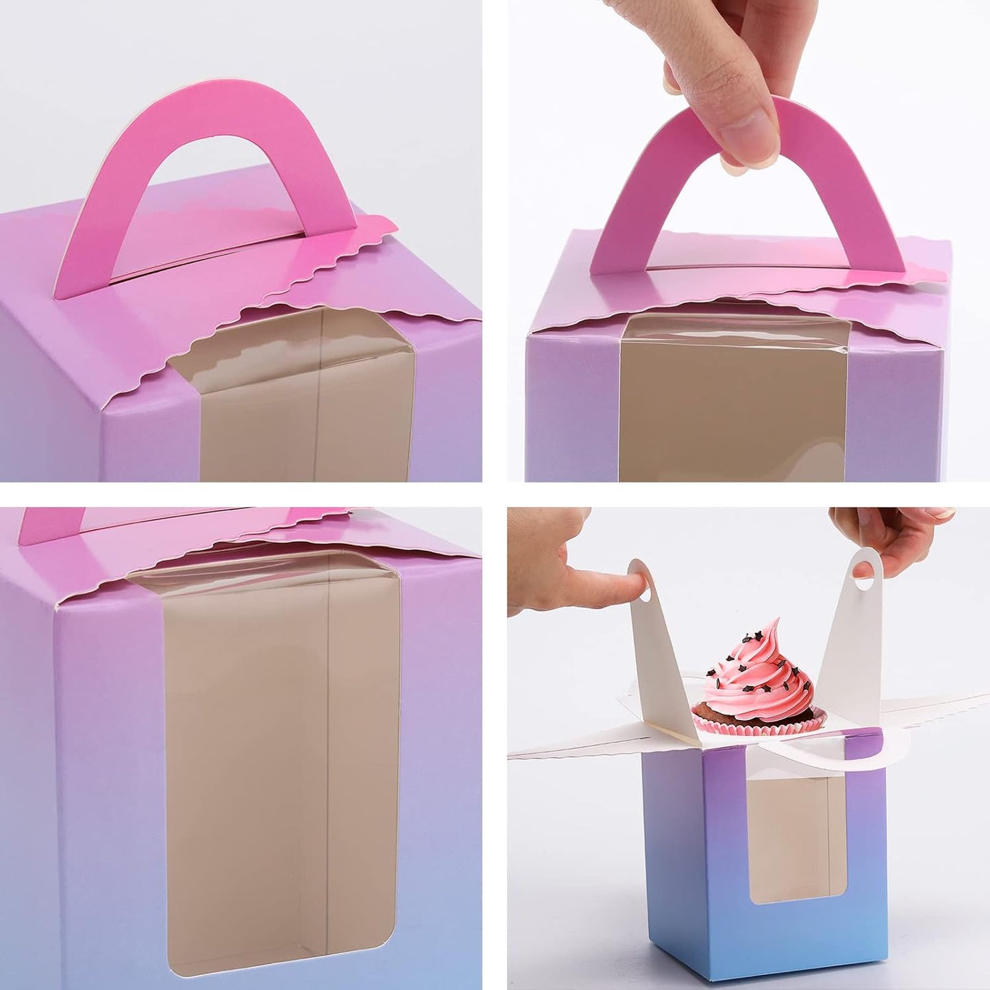 100 Cajas Cupcakes 3.6x3.6x4.3" con Manija Degradado
