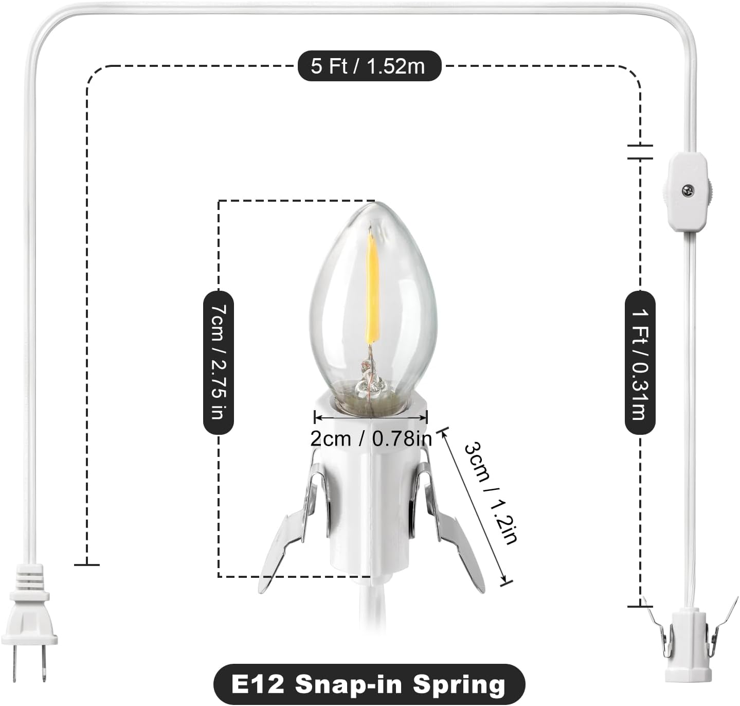 Cable C7 6ft con bombilla LED E12 enchufe interruptor