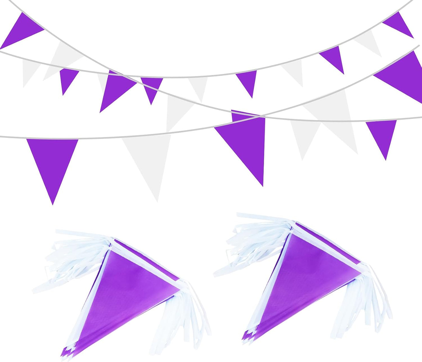 Banderines tela triangular morado blanco 100ft para fiestas