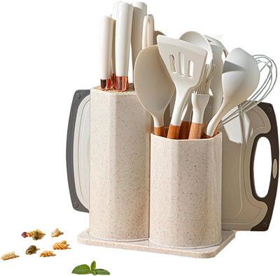Juego 19 Pzas Utensilios Cocina Soporte Giratorio Silicona Blanco