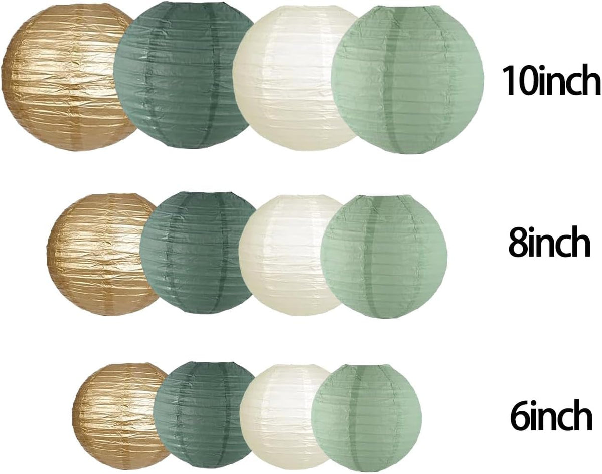 12 Linternas Papel Verde Salvia Doradas Colgantes Decoración