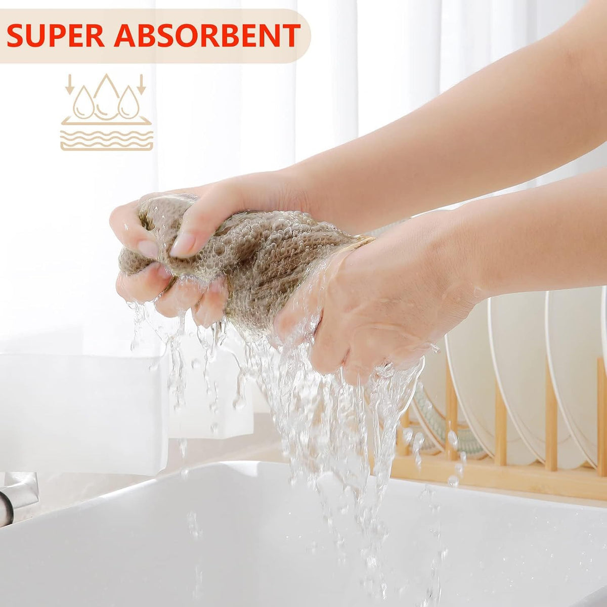 6 Pzas Trapo cocina algodón tejido gofre ultrasuave beige