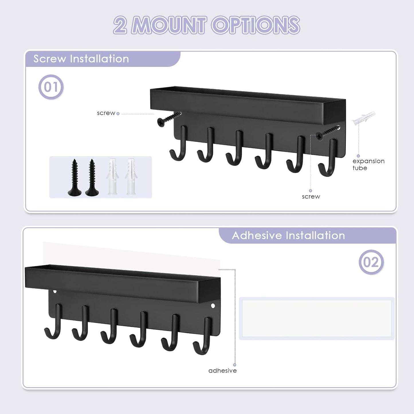 Soporte llaves pared adhesivo 6 ganchos negro