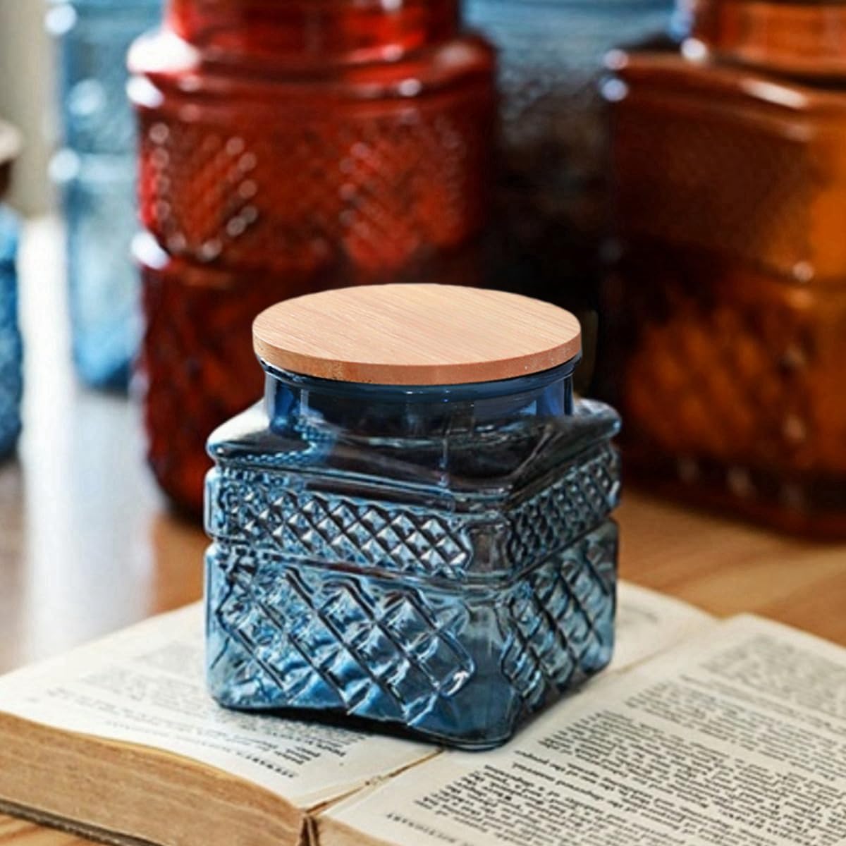 Tarro cuadrado vidrio 37oz con tapa para café té azúcar azul