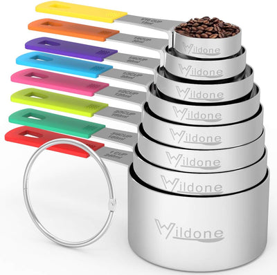 Set 18 Tazas y Cucharas Medidoras Acero Inox 8+9+1