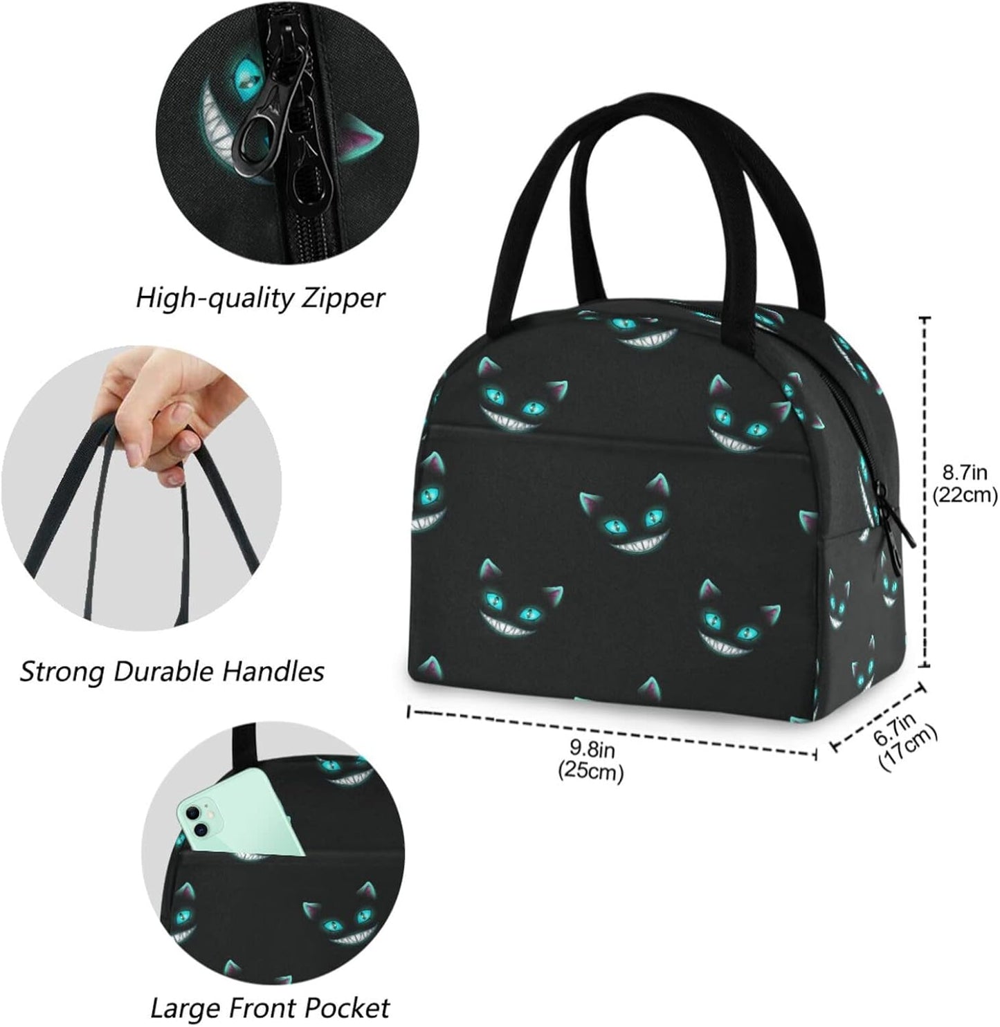 Bolsa almuerzo reutiliz. con gatos Cheshire cremallera