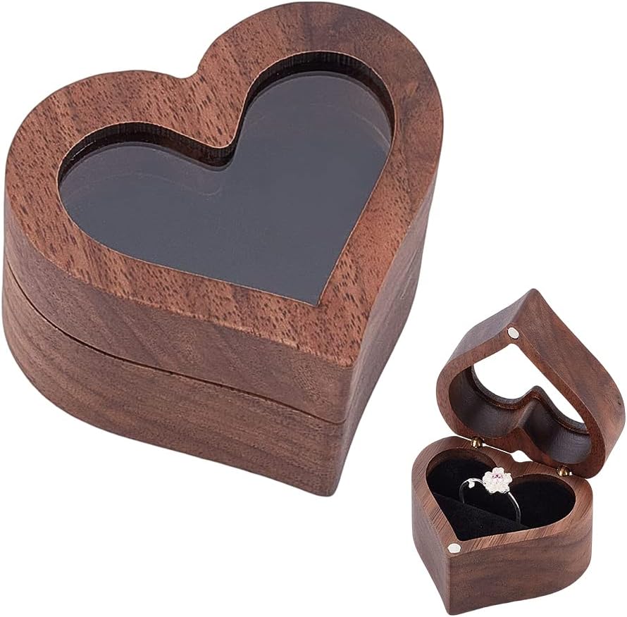 Caja madera nogal para anillos con ventana 2.3x2.1x1.5"