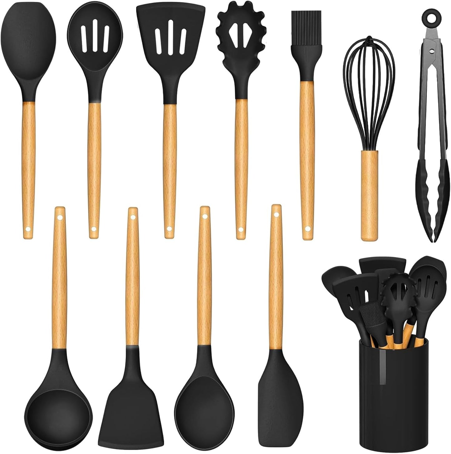 Juego utensilios cocina silicona antiadherente negro