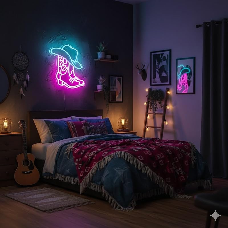 Letrero LED decoración pared estilo rodeo rosa blanca