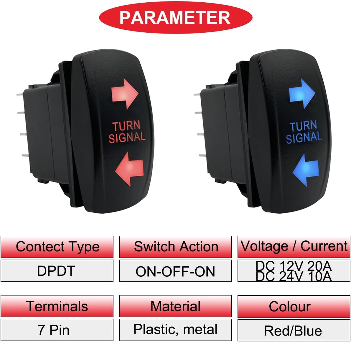 Interruptor basculante 12V 20A DPDT con luz LED azul/rojo