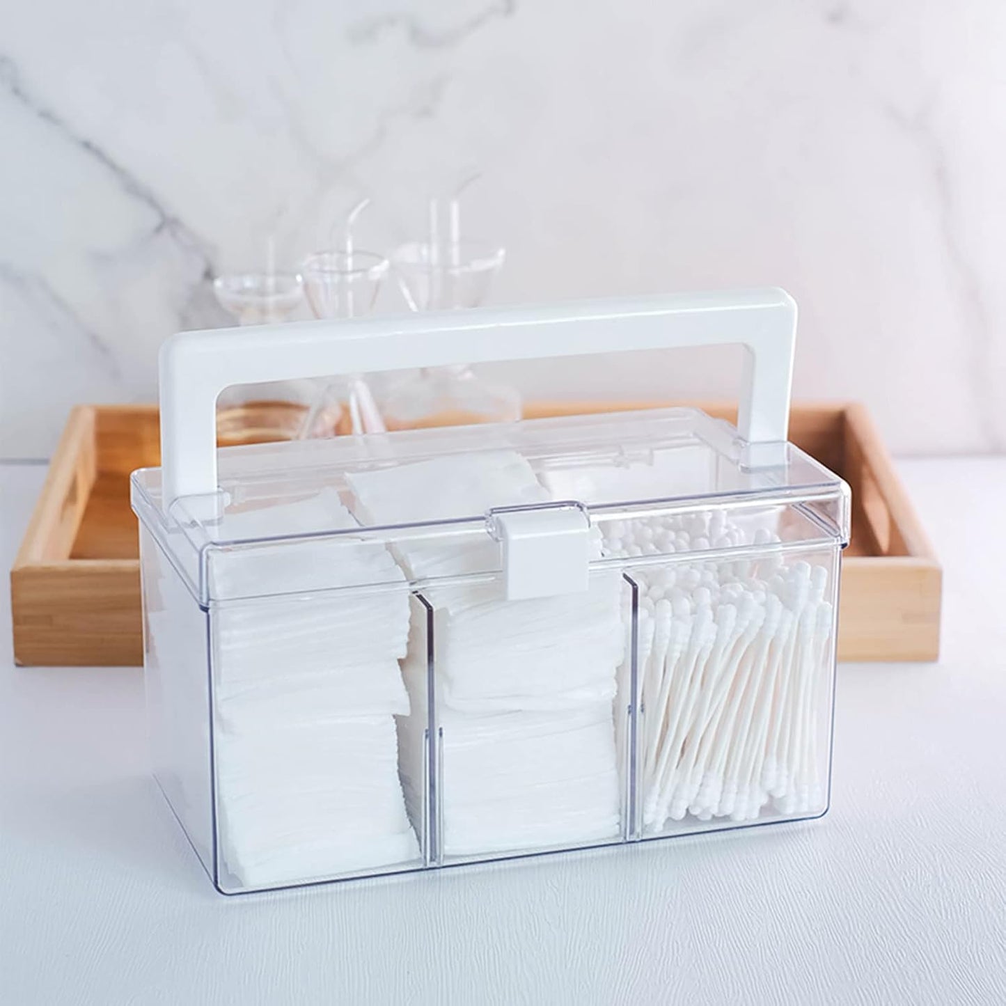Soporte hisopos Qtip con asa 3 compartimentos