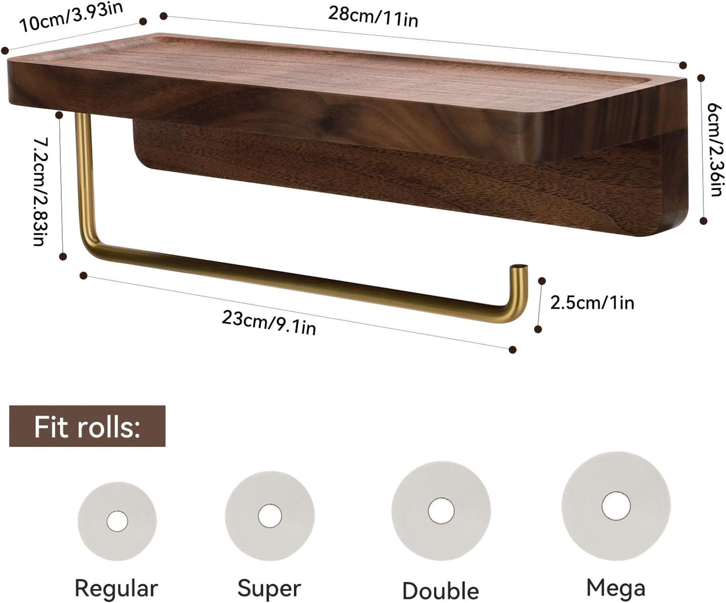 Soporte papel higiénico doble rollo madera barra dorada latón