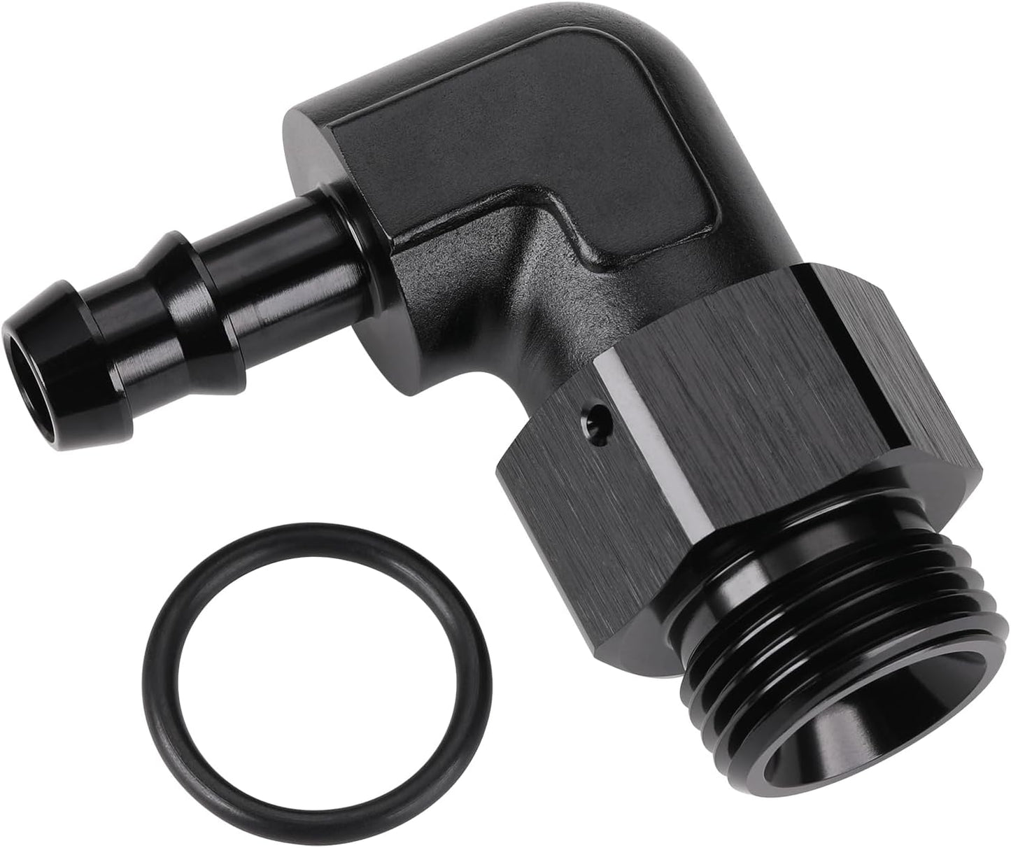 Adaptador macho 3/8 púa manguera aluminio negro 90 grados