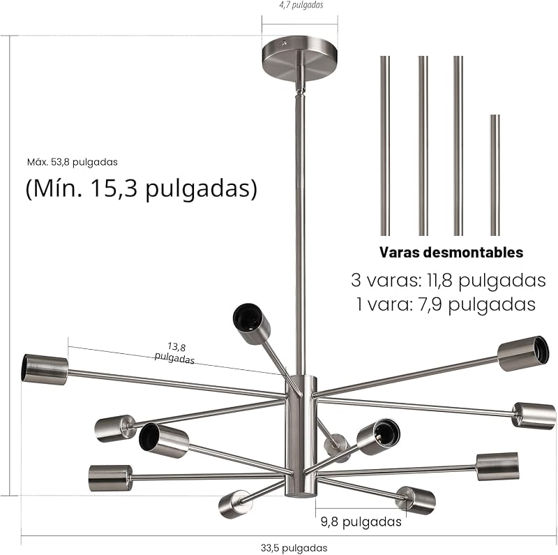 Lámpara araña Sputnik 12 luces níquel comedor ajustable