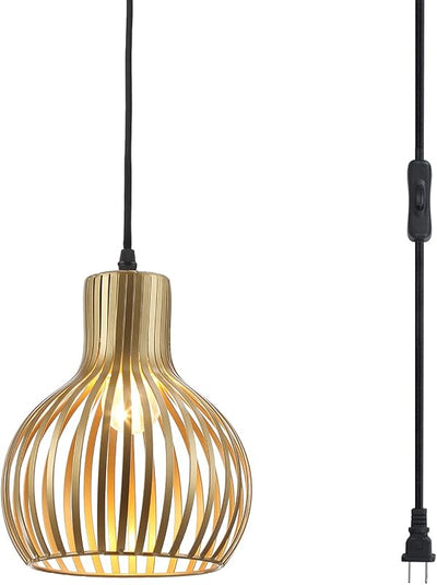 Lámpara colgante industrial metal dorado con enchufe 14.3ft