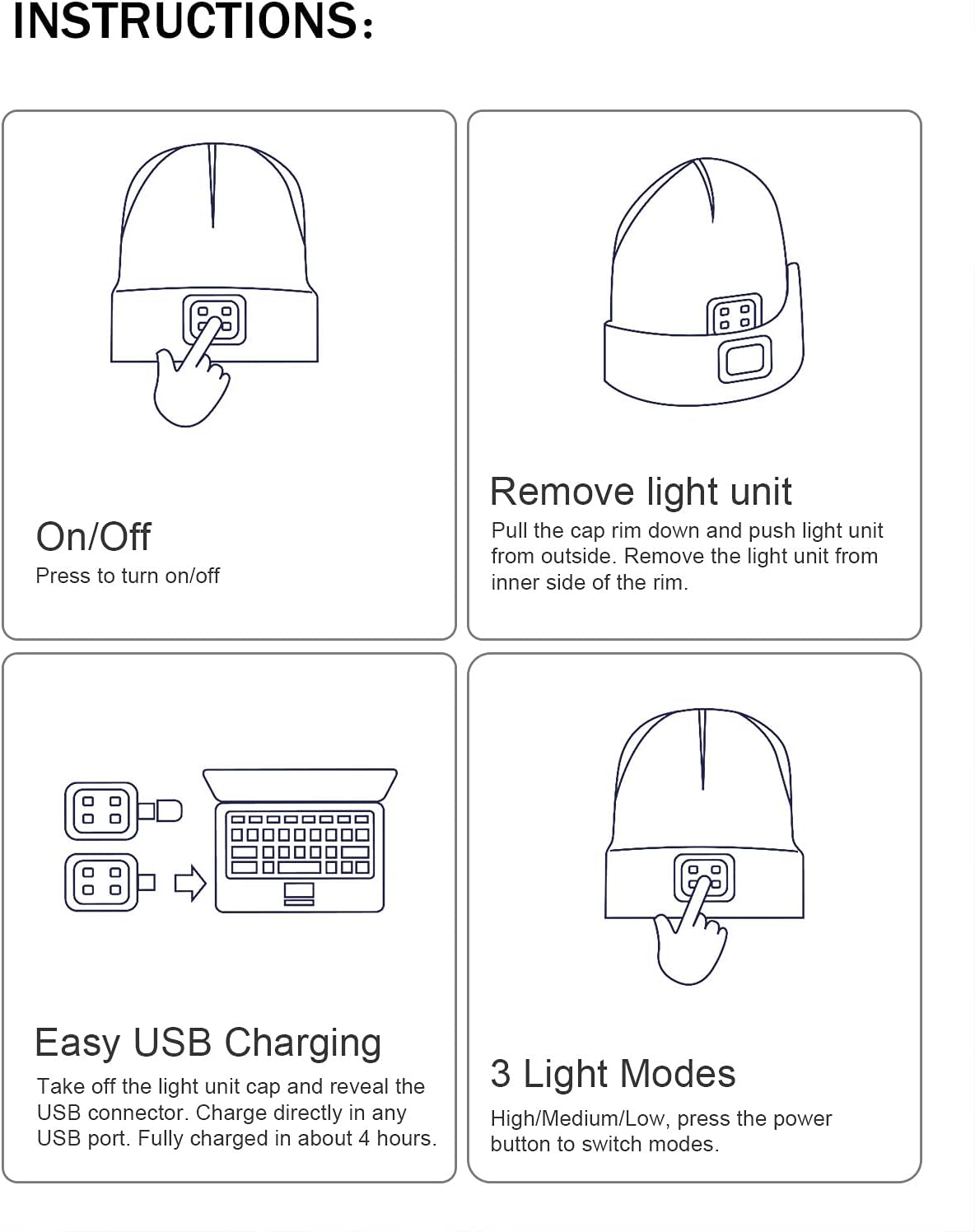 Gorro LED linterna frontal recargable USB unisex