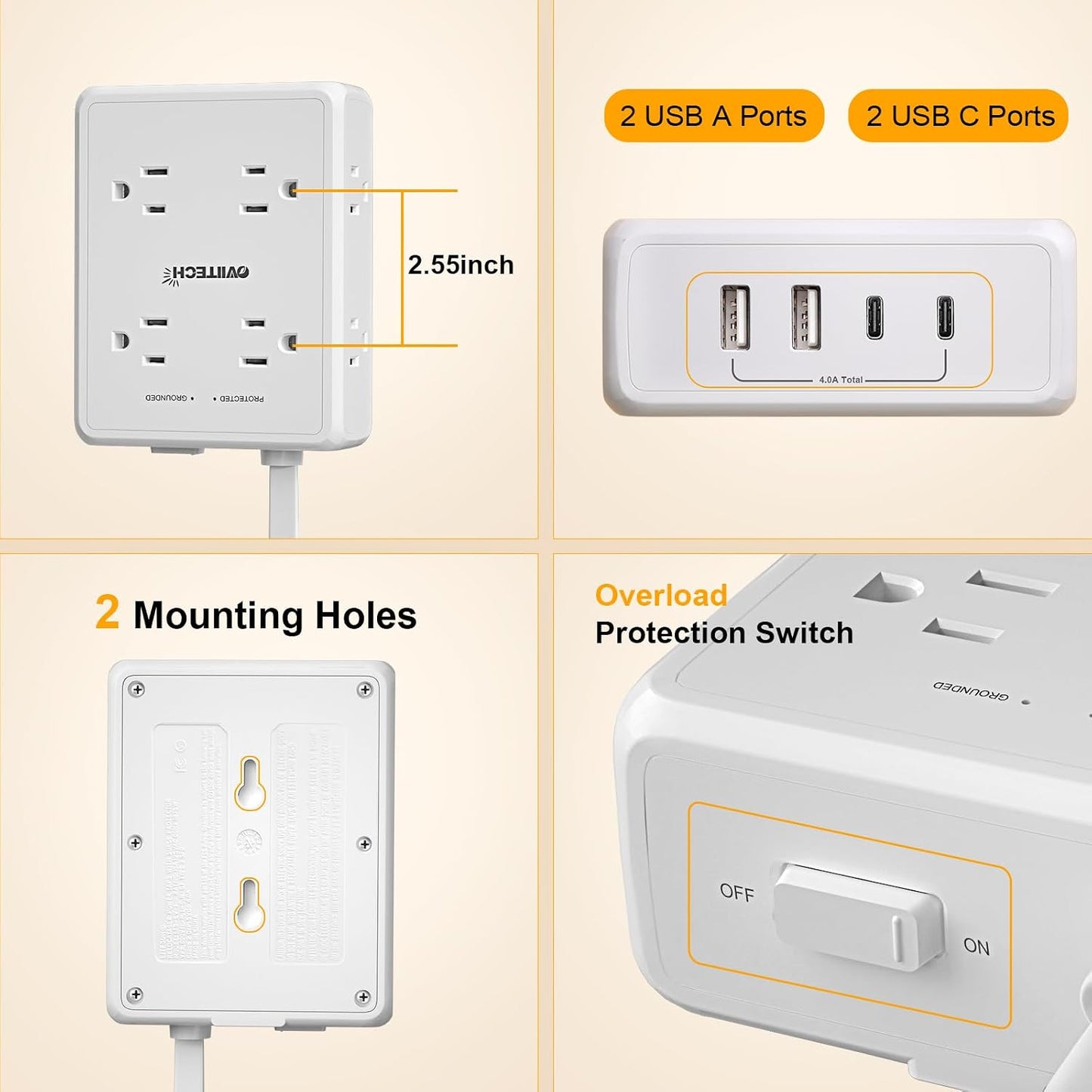 Cable extensión plano 6ft 8 salidas 4 USB oficina hogar blanco