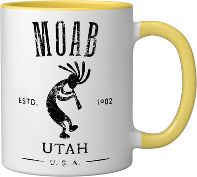 Taza cerámica Moab Utah Kokopelli diseño desgastado amarillo/blanco