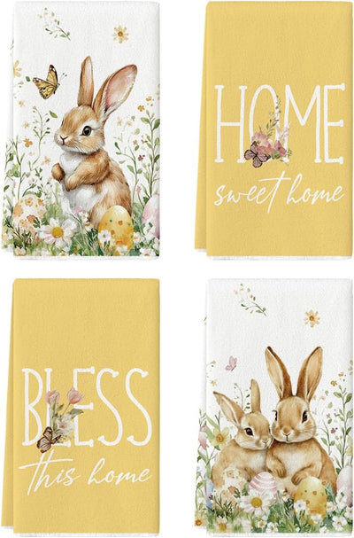 Juego de 4 toallas de cocina con diseño de conejo y mariposa para Pascua y primavera