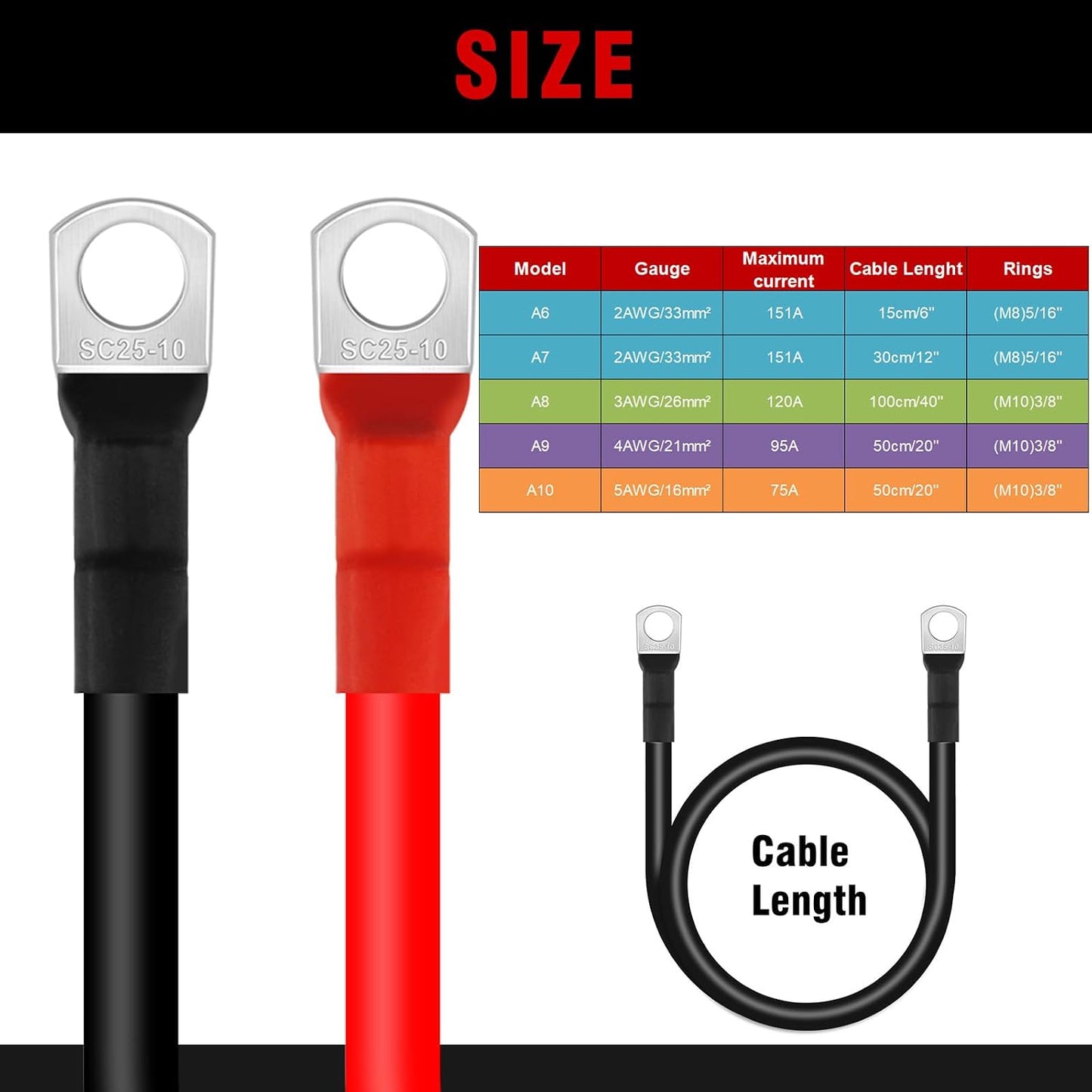 Cable batería 3AWG cobre 40" terminales 3/8"