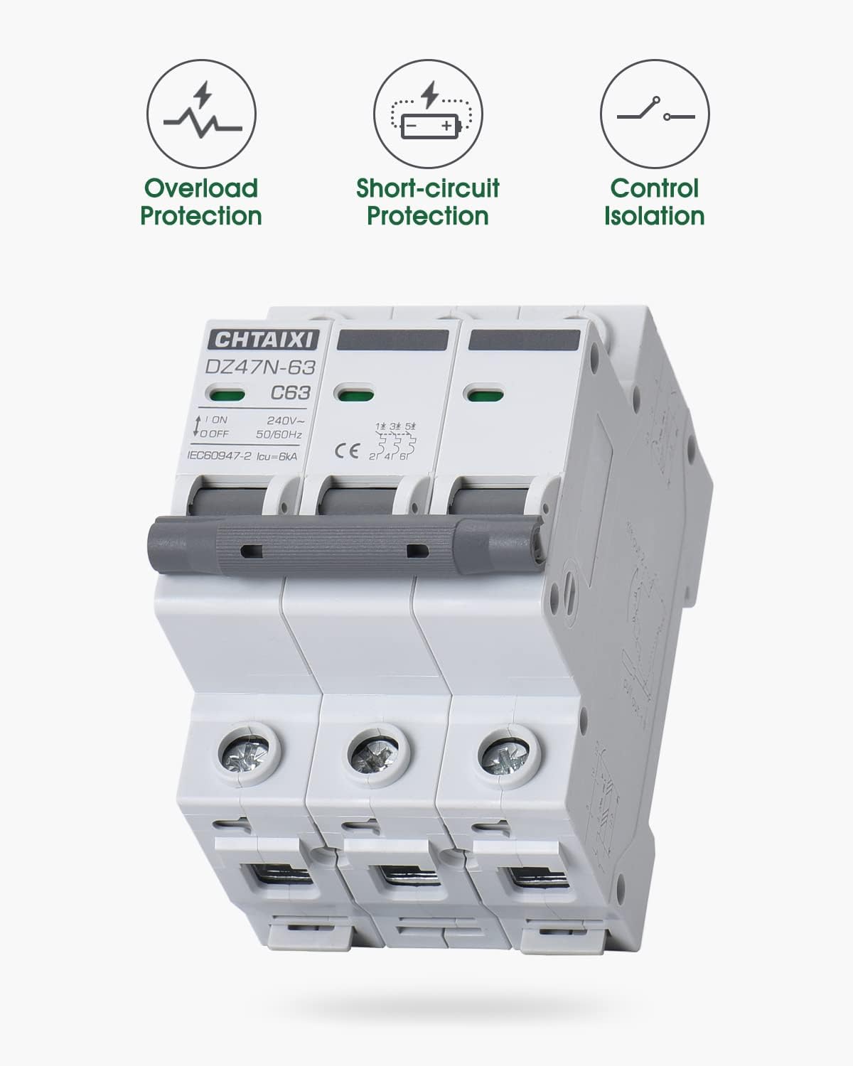 Interruptor circuito 3 polos riel din 63A 240V AC tripeo térmico