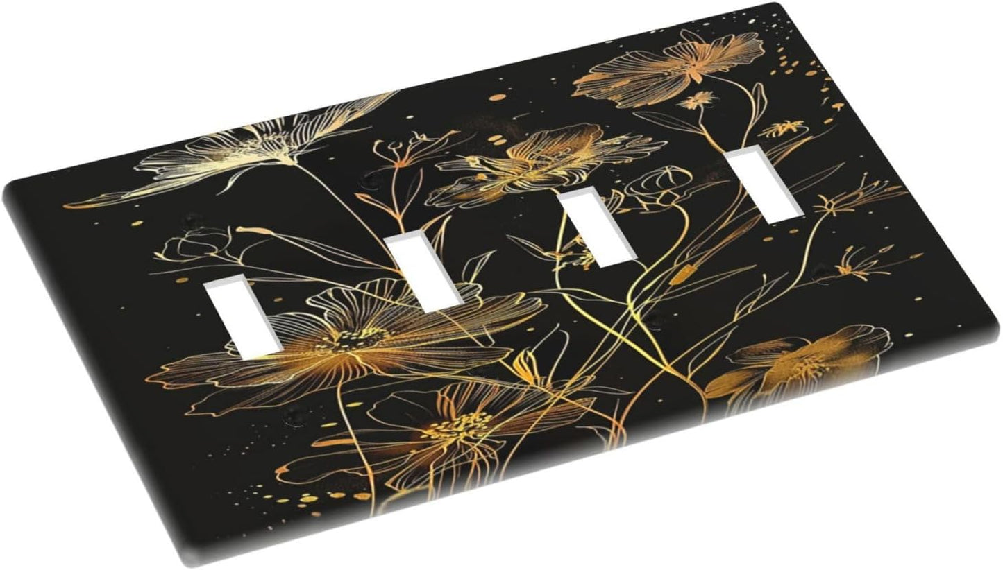 Placa interruptor cuadruple decorativa flores oro negro