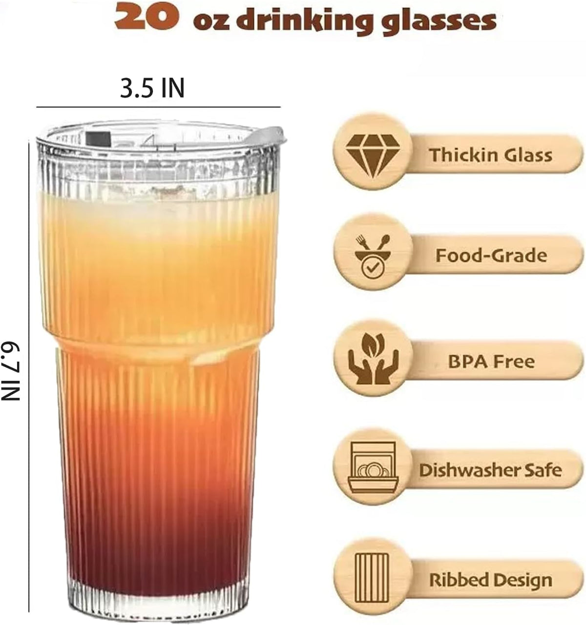 Vaso vidrio 20oz con tapa y pajita pared gruesa