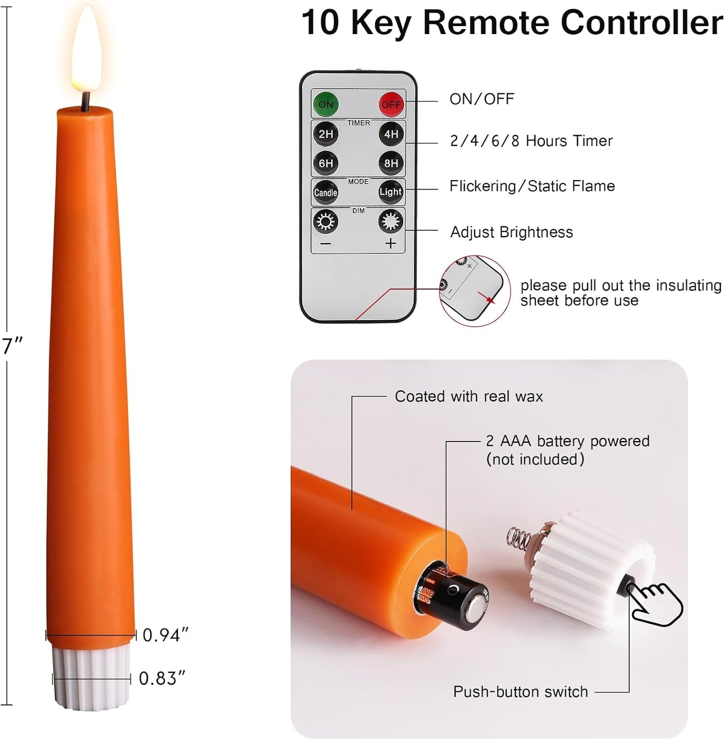 Set 6 velas cónicas LED naranja control remoto