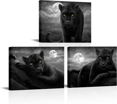 Lienzo decorativo leopardo negro blanco y luna llena