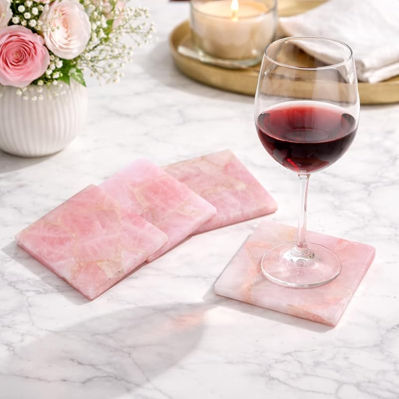 4 Pzas Posavasos Cuarzo Rosa Natural para Mesa Bar