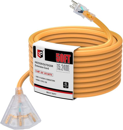 Cable extensión 50ft 14/3 amarillo 3 salidas enchufe led