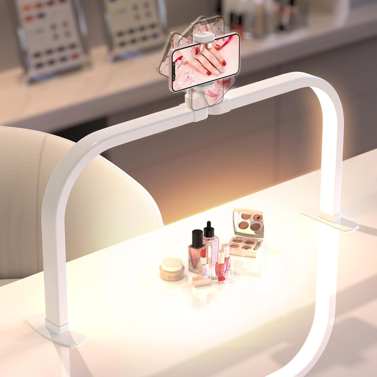 Luz media luna grande para manicura con soporte teléfono