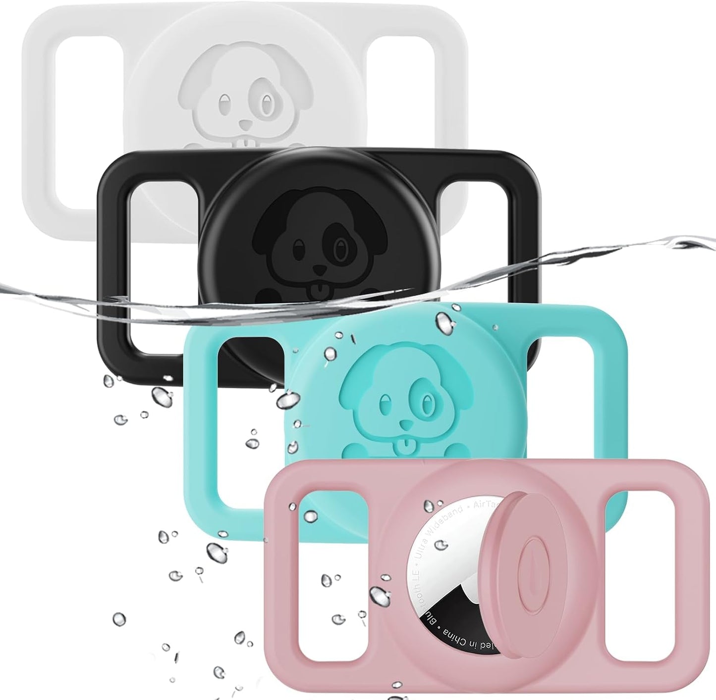 4 Soportes Airtag para Collar Perro Silicona Cian Blanco