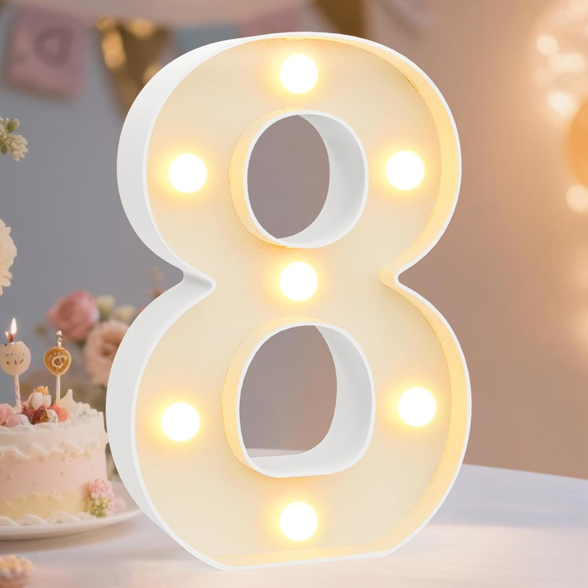 Letras LED plástico decoración bodas número 8 blanco
