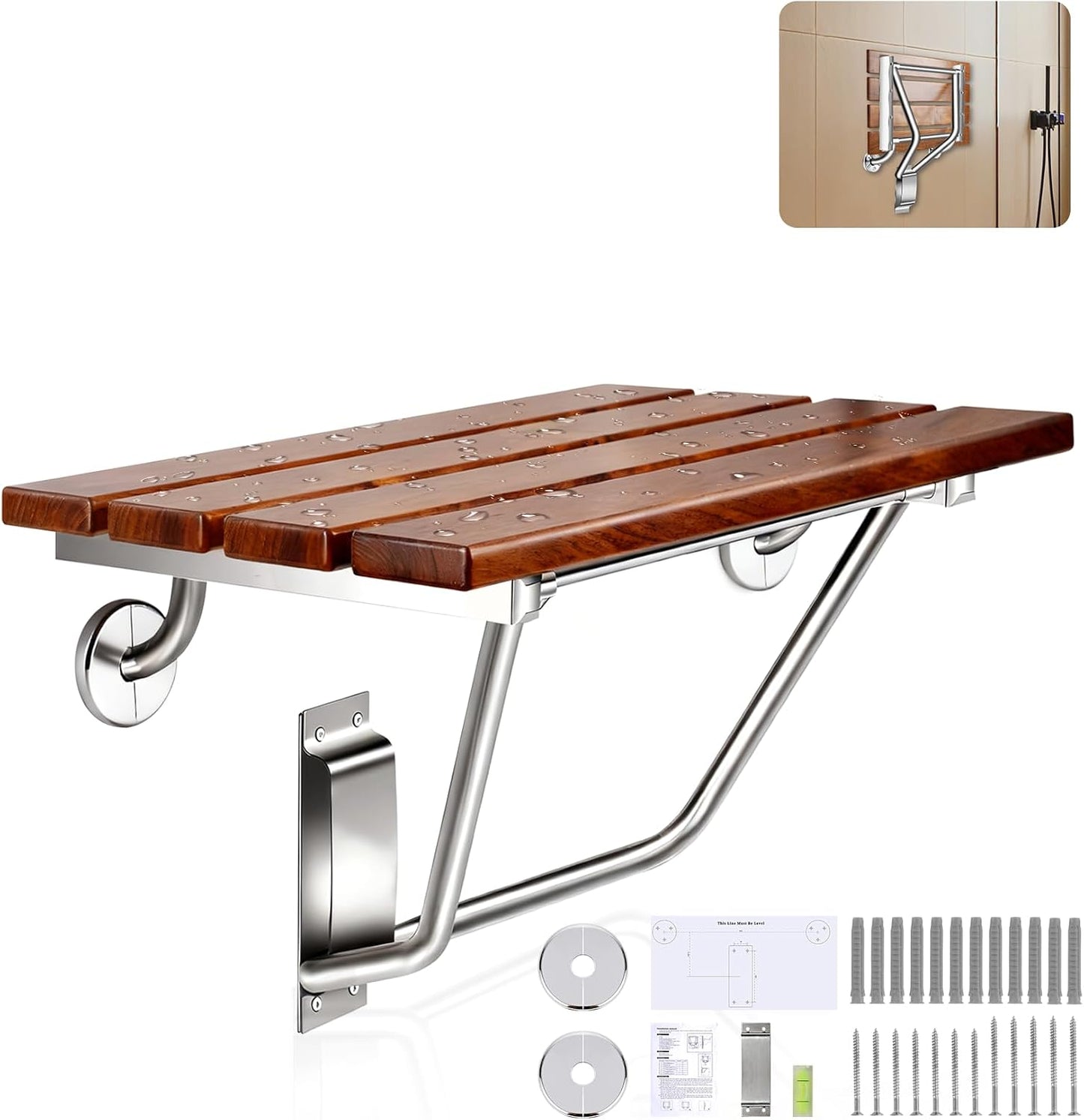 Asiento ducha plegable teca 18pulg pared 420lb acero inox
