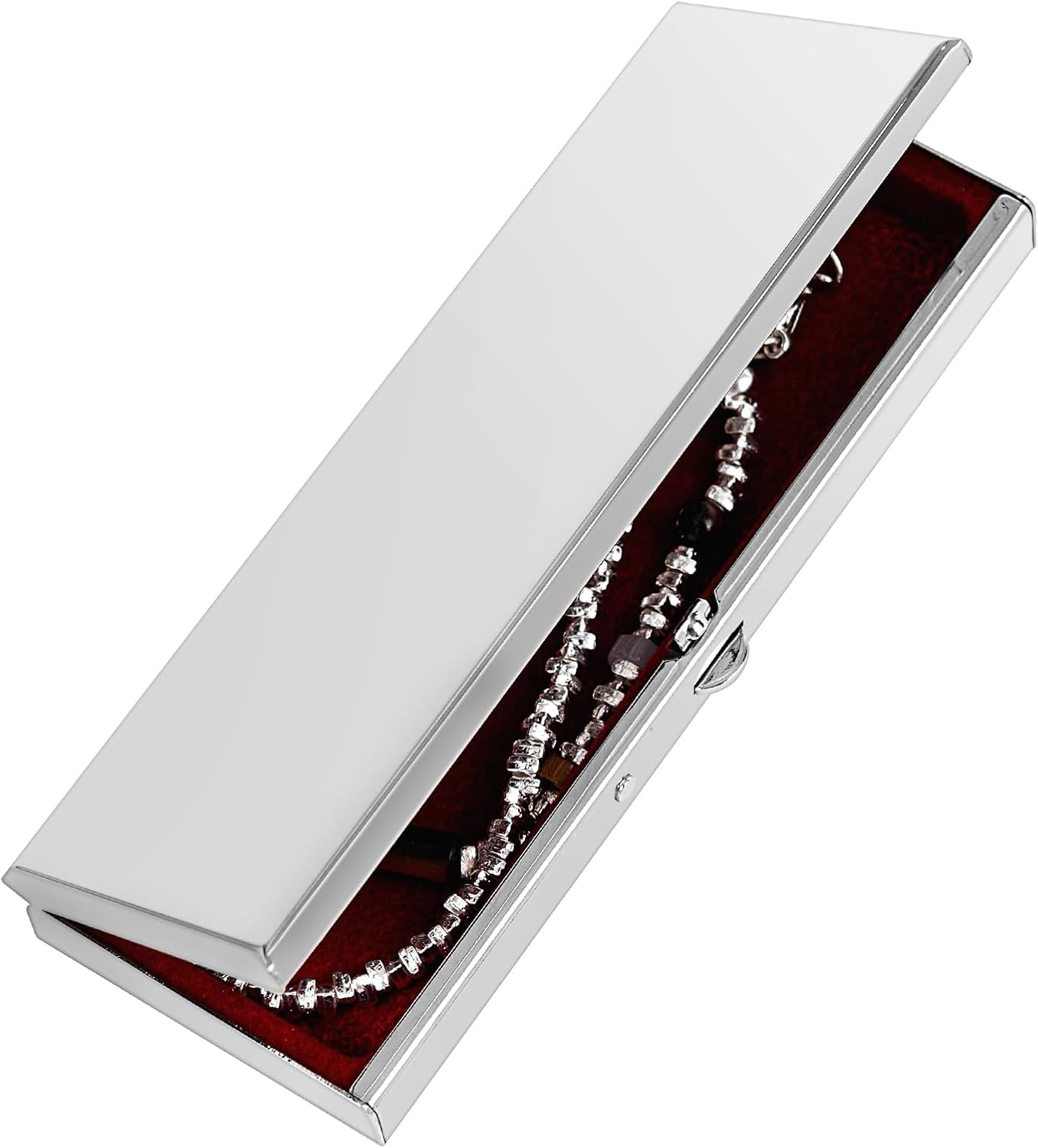 Joyero metal rectangular terciopelo rojo espejo plateado