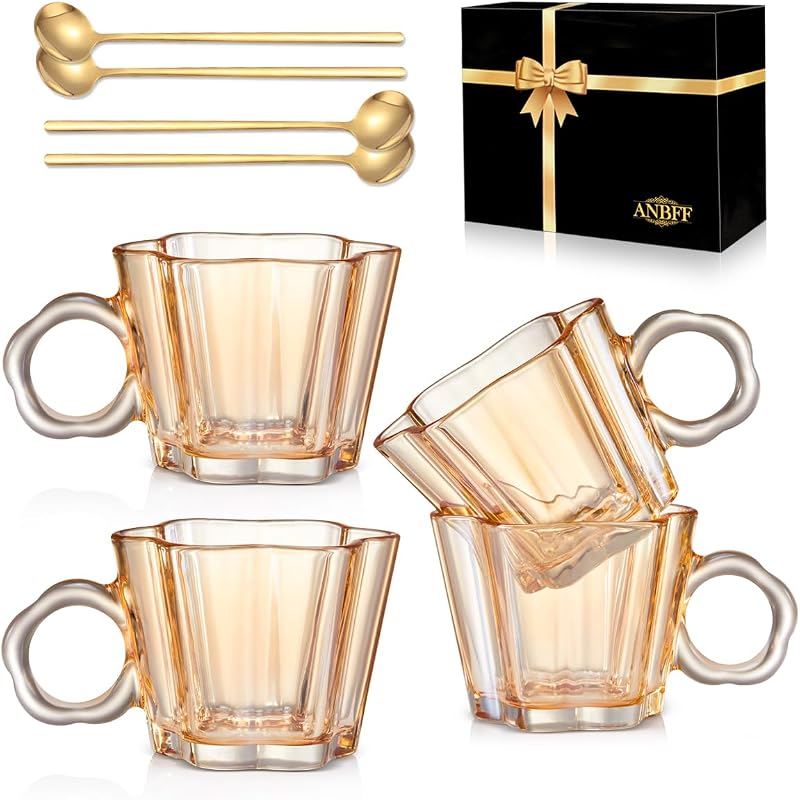 Set 4 Tazas Vidrio Vintage 11oz con Cucharas y Asa