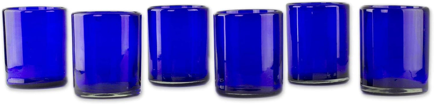 Vasos vidrio reciclado azul soplado a mano set 6
