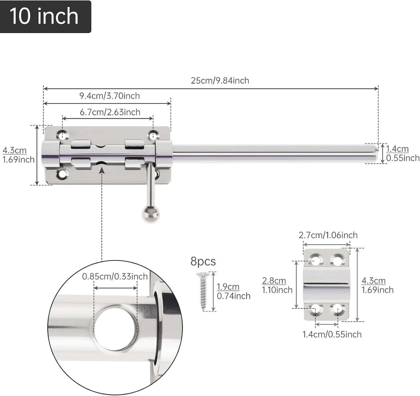 Pestillo puerta acero inox 10pulg cerradura deslizante plateada