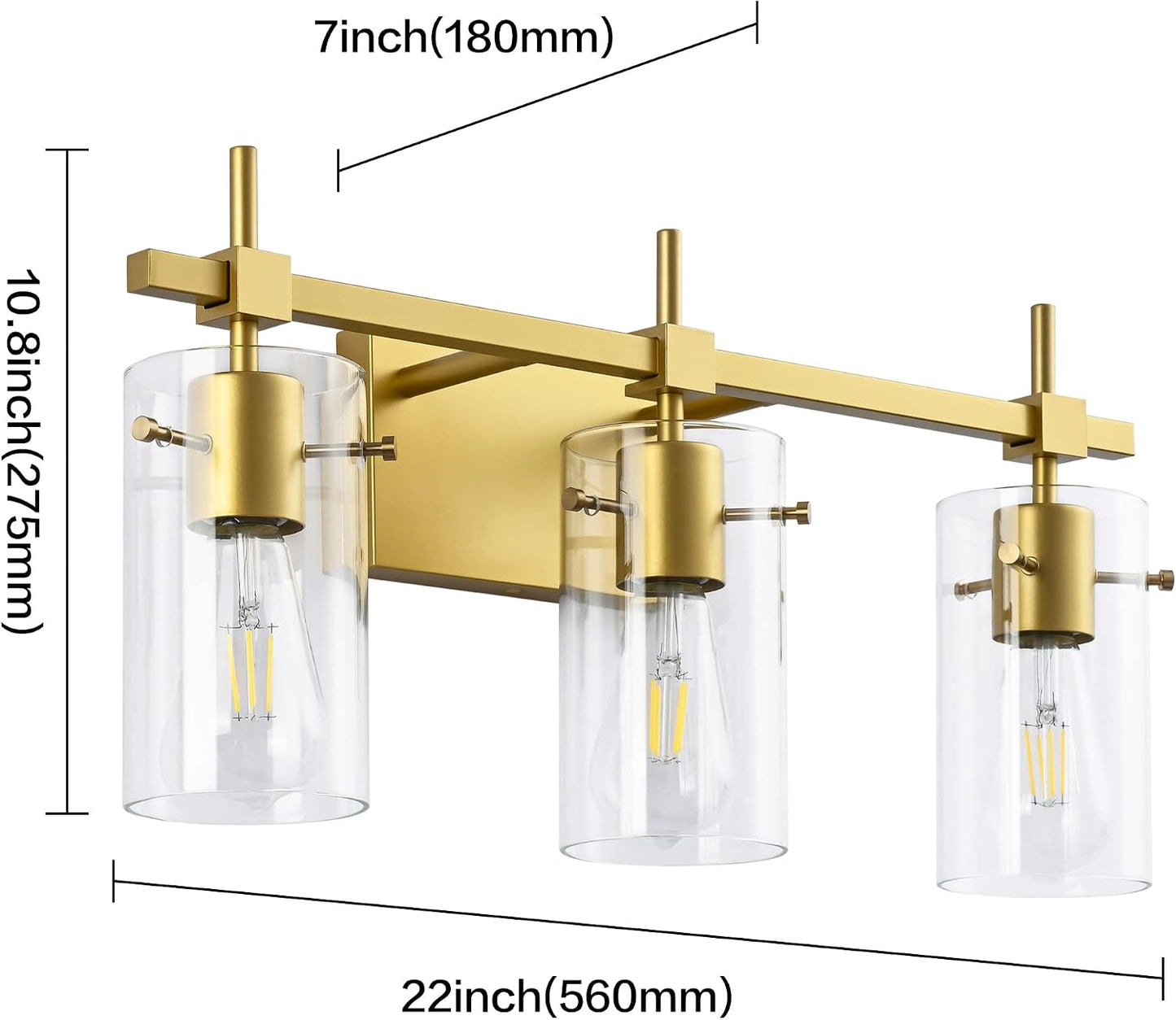 Lámpara baño 3 luces doradas para espejo y tocador