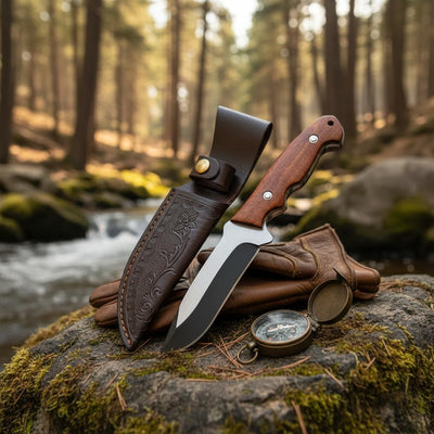 Cuchillo caza hoja fija funda cuero acero premium
