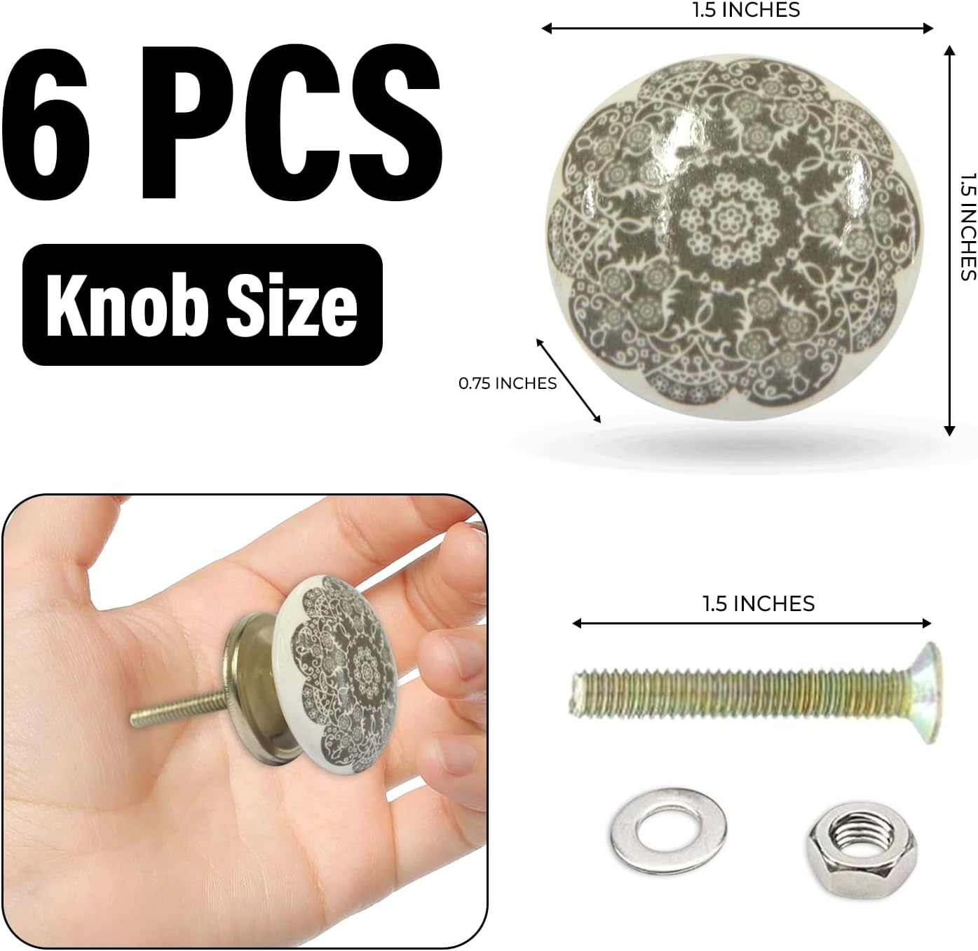 6 Pzas Pomos Cerámica Gris para Cajón Dormitorio Baño Cocina